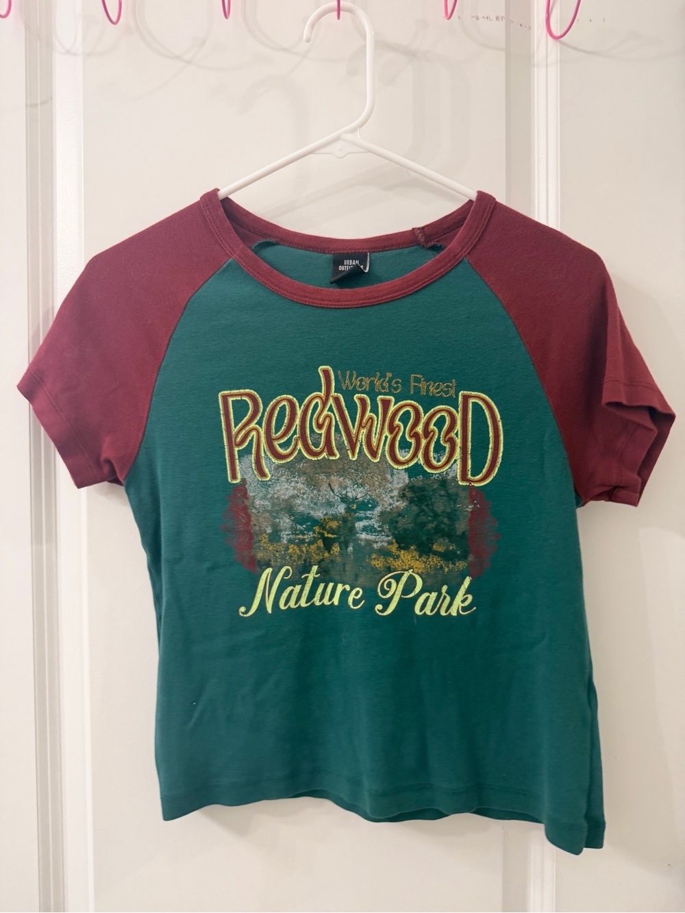 Urban Outfitters Redwood Nature Park Graphic Ringer Tee Green Burgundy XL